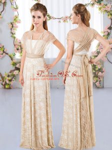 Shining Short Sleeves Lace Floor Length Side Zipper Quinceanera Dama Dress in Champagne with Lace