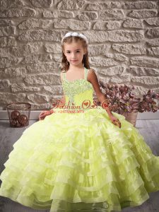 Straps Sleeveless Organza Custom Made Pageant Dress Beading and Ruffled Layers Brush Train Lace Up