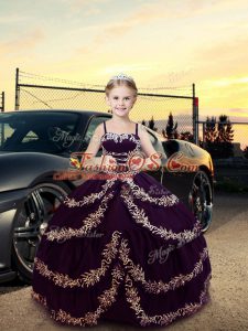 Custom Design Dark Purple Lace Up Straps Embroidery Glitz Pageant Dress Satin Sleeveless
