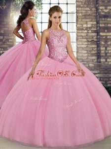 Pink Ball Gowns Embroidery Quince Ball Gowns Lace Up Tulle Sleeveless Floor Length