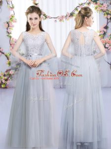 Popular Scoop Sleeveless Lace Up Wedding Party Dress Grey Tulle