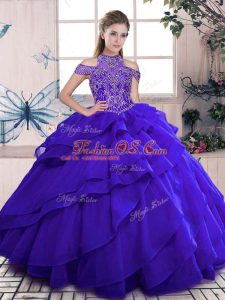 Floor Length Blue Ball Gown Prom Dress High-neck Sleeveless Lace Up