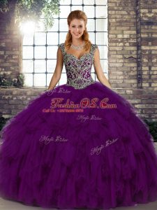 Modest Purple 15th Birthday Dress Military Ball and Sweet 16 and Quinceanera with Beading and Ruffles Straps Sleeveless Lace Up