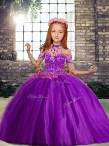 Super Ball Gowns Kids Pageant Dress Purple High-neck Tulle Sleeveless Floor Length Lace Up