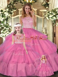Hot Pink Quince Ball Gowns Military Ball and Sweet 16 and Quinceanera with Lace and Ruffled Layers Scoop Sleeveless Zipper