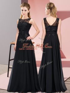 Black Chiffon Zipper Scoop Sleeveless Floor Length Dama Dress for Quinceanera Beading and Appliques