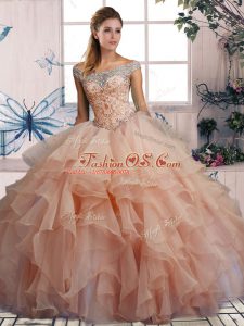 Fashion Floor Length Pink Ball Gown Prom Dress Off The Shoulder Sleeveless Lace Up