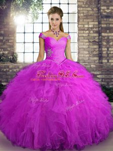 Fuchsia Lace Up Sweet 16 Quinceanera Dress Beading and Ruffles Sleeveless Floor Length