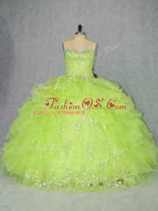 Suitable Yellow Green Sleeveless Organza Lace Up Quinceanera Gowns for Sweet 16 and Quinceanera