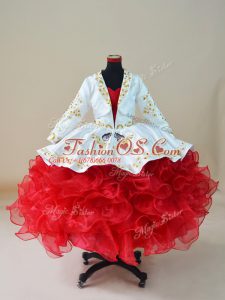 White And Red Ball Gowns Organza Sweetheart Sleeveless Embroidery and Ruffles Floor Length Lace Up Girls Pageant Dresses