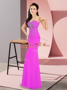 Stylish Fuchsia Chiffon Zipper Sweetheart Sleeveless Floor Length Prom Dress Beading