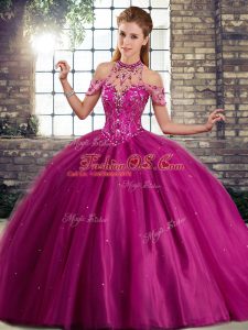 Fuchsia Sleeveless Tulle Brush Train Lace Up Sweet 16 Dresses for Military Ball and Sweet 16 and Quinceanera