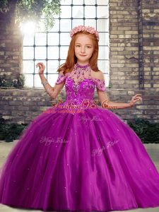 Attractive Floor Length Fuchsia Little Girls Pageant Dress Wholesale High-neck Sleeveless Lace Up