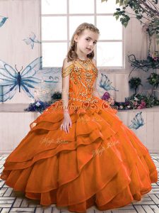 Orange Red Lace Up Pageant Dress Toddler Beading Sleeveless Floor Length