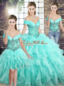 Hot Selling Aqua Blue Lace Up Off The Shoulder Beading and Ruffles Quinceanera Dress Organza Sleeveless Brush Train