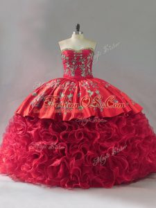 Sweetheart Sleeveless Brush Train Lace Up Vestidos de Quinceanera Red Fabric With Rolling Flowers