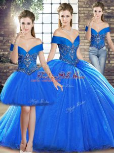 Traditional Sleeveless Brush Train Lace Up Beading Quinceanera Dress