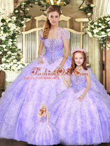 Clearance Lavender Tulle Lace Up Sweet 16 Dresses Sleeveless Floor Length Beading and Appliques and Ruffles