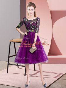 High Class Purple Tulle Lace Up Dama Dress for Quinceanera Half Sleeves Knee Length Embroidery