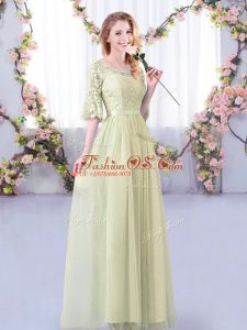Ideal Yellow Green Quinceanera Court of Honor Dress Wedding Party with Lace and Belt Scoop Half Sleeves Side Zipper
