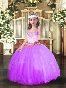 High Class Lavender Ball Gowns Tulle Straps Sleeveless Beading Floor Length Lace Up Little Girls Pageant Gowns