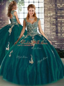 Eye-catching Peacock Green Sleeveless Tulle Lace Up 15th Birthday Dress for Military Ball and Sweet 16 and Quinceanera