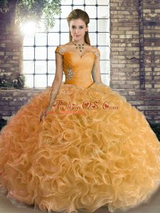 Chic Gold Off The Shoulder Neckline Beading Quinceanera Dresses Sleeveless Lace Up