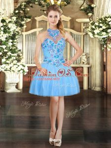 Aqua Blue Sleeveless Mini Length Embroidery Lace Up Prom Gown