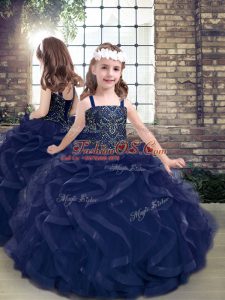 Simple Straps Sleeveless Tulle Kids Pageant Dress Beading and Ruffles Lace Up