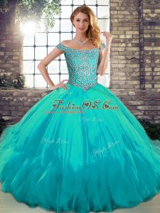 Best Ball Gowns Quinceanera Gowns Aqua Blue Off The Shoulder Tulle Sleeveless Floor Length Lace Up