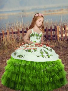 Super Floor Length Green Little Girls Pageant Dress Wholesale Organza Sleeveless Embroidery and Ruffled Layers
