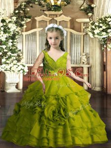 Organza V-neck Sleeveless Backless Beading Pageant Dress in Olive Green