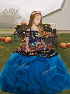 Cute Blue Lace Up Straps Embroidery and Ruffles Girls Pageant Dresses Tulle Sleeveless