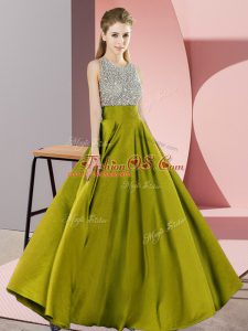 Excellent Olive Green Empire Scoop Sleeveless Elastic Woven Satin Floor Length Backless Beading Mother Of The Bride Dress