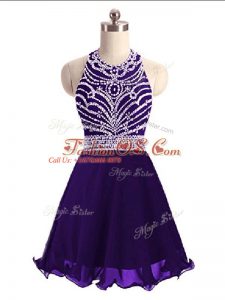 Modest Sleeveless Mini Length Beading Lace Up Prom Gown with Purple