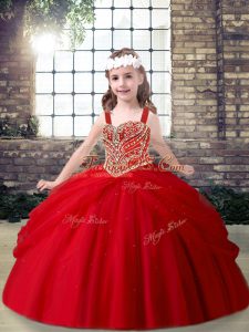 Red Tulle Lace Up Straps Sleeveless Floor Length Pageant Gowns For Girls Beading
