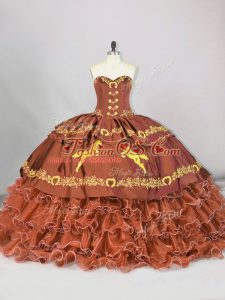 Lace Up 15th Birthday Dress Brown and In with Embroidery and Ruffled Layers Brush Train