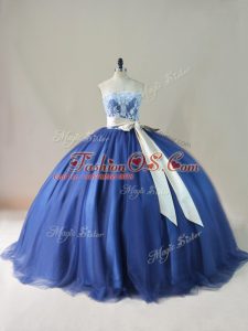 Glorious Lace Up Quinceanera Gown Navy Blue for Sweet 16 and Quinceanera with Appliques and Sashes ribbons and Bowknot Brush Train
