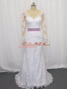 Superior Scoop Long Sleeves Tulle Wedding Gowns Lace and Belt Sweep Train Clasp Handle