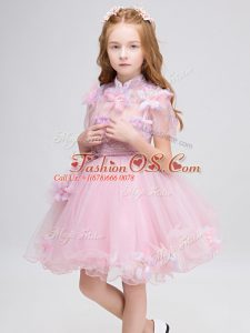 High-neck Short Sleeves Tulle Flower Girl Dresses for Less Appliques Zipper