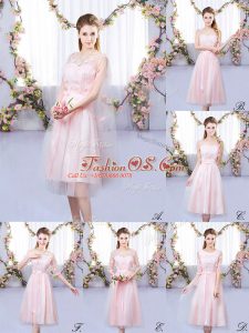 Deluxe Tea Length Empire Sleeveless Baby Pink Quinceanera Court of Honor Dress Lace Up