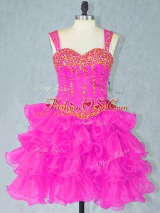 Fuchsia Ball Gowns Organza Straps Sleeveless Beading and Ruffled Layers Mini Length Lace Up