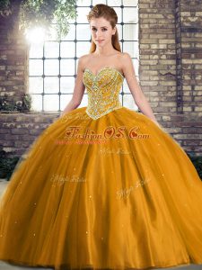 Sweetheart Sleeveless Tulle Vestidos de Quinceanera Beading Brush Train Lace Up