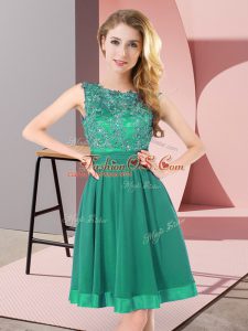 Artistic Sleeveless Chiffon Mini Length Backless Dama Dress in Turquoise with Beading and Appliques