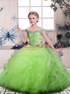 Ball Gowns Tulle Off The Shoulder Sleeveless Beading and Ruffles Floor Length Lace Up Little Girl Pageant Dress