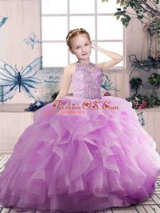 Organza Scoop Sleeveless Zipper Beading and Ruffles Pageant Dress Toddler in Lilac