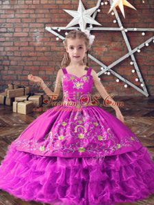 Lovely Lilac Straps Neckline Embroidery and Ruffled Layers Little Girl Pageant Gowns Sleeveless Lace Up