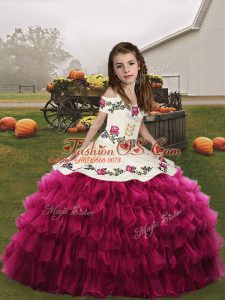 Sleeveless Floor Length Embroidery and Ruffled Layers Lace Up Child Pageant Dress with Fuchsia