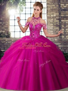 Beading and Pick Ups Quinceanera Gowns Fuchsia Lace Up Sleeveless Brush Train