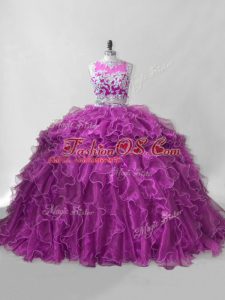 Fuchsia Ball Gown Prom Dress Organza Brush Train Sleeveless Beading and Ruffles